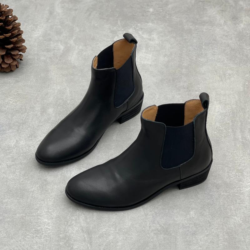 Johnature Handmade Genuine Leather Short Boots Retro Cowhide Versatile Pointed Toe Thick Heel Women's Boots