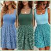 Elegant French-Style Flower Vest Dress Square Neck Solid Color Summer Dress Patchwork Design Beach Wear Floral Print Skirt Beach
