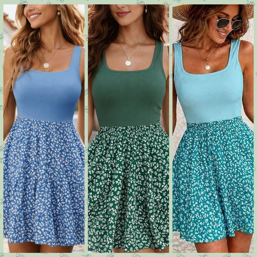 Elegant French-Style Flower Vest Dress Square Neck Solid Color Summer Dress Patchwork Design Beach Wear Floral Print Skirt Beach