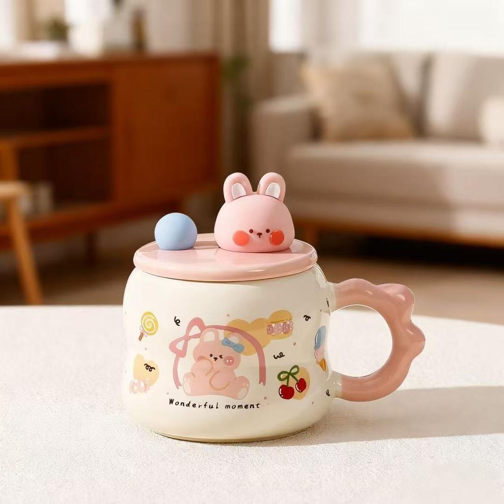Cartoon animal mug with lid cute set ceramic mug home office gift water cup girl