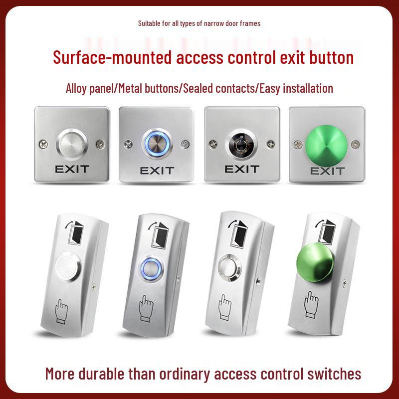Narrow Frame Metal Exit Button Switch, Surface Mounted, Self-Resetting, Normally Open/Closed, Mini Type with Back Box.