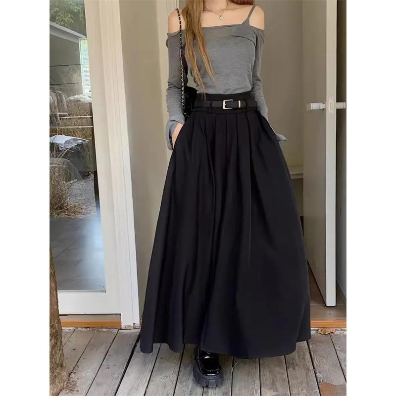 Women High Waist Jupe Korean Pleating Swing Skirt Vintage Fashion Spring Office Falda Holiday Loose Solid Long Skirt