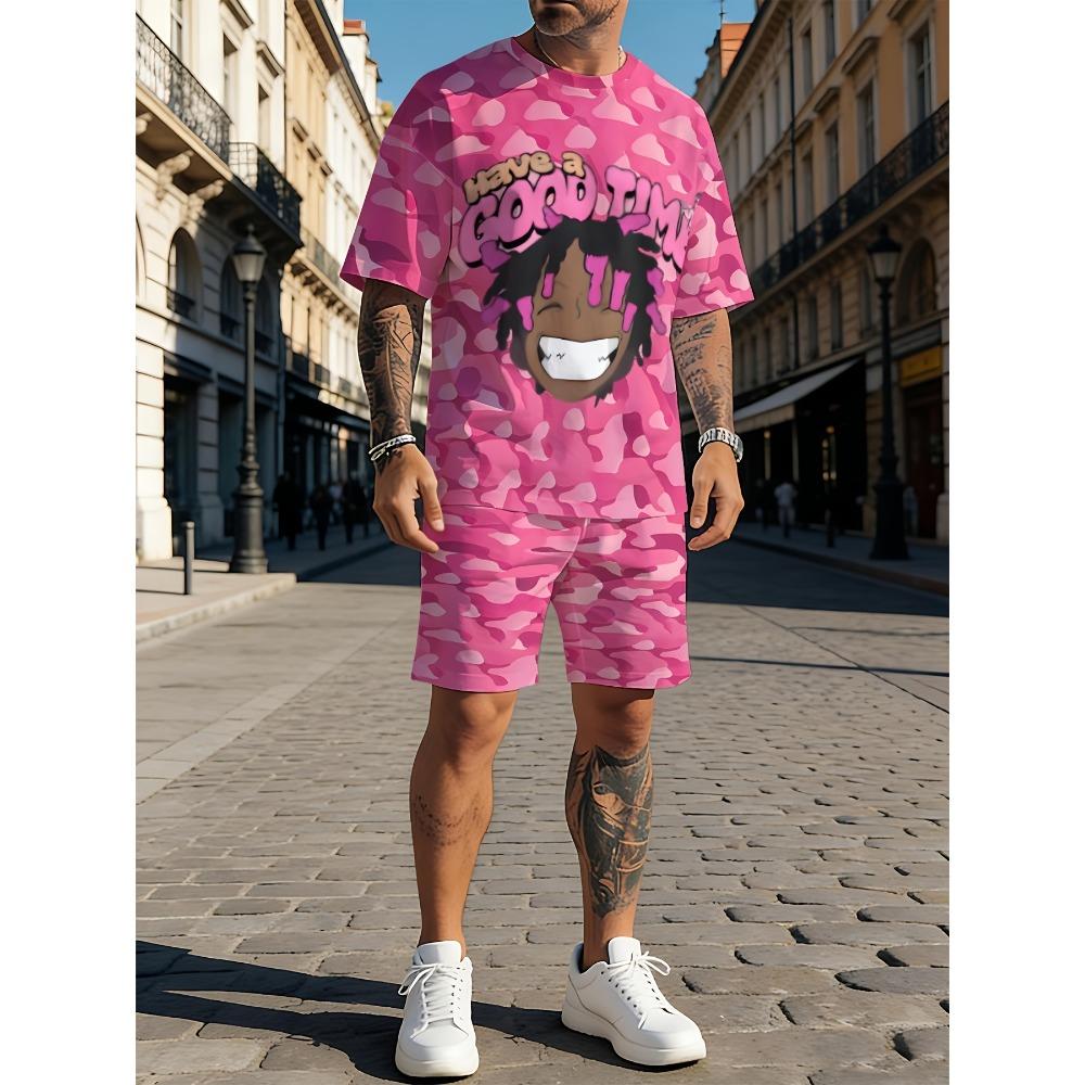 Summer Men's Casual Sports Round Neck Short Sleeved Set Colortly Skull 3D Printing Fashionable Comfortable Breathable Loose Large Size Sports Wear