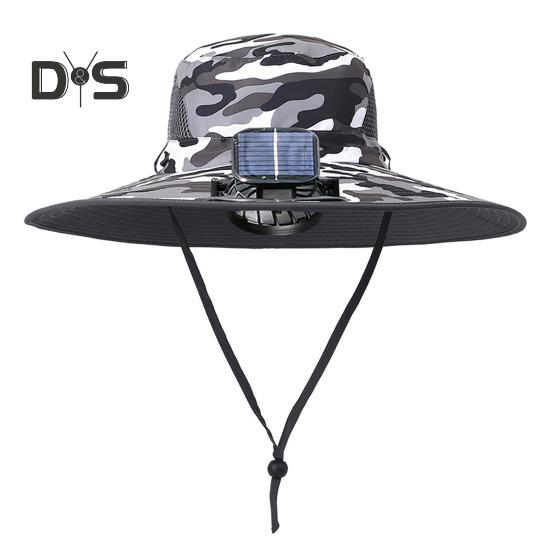 Sonnenhut mit solarbetriebenen Doppelventilatoren, breitkrempiger Outdoor-Angelhut mit USB-Aufladung, atmungsaktiver Fischerhut aus Netzstoff