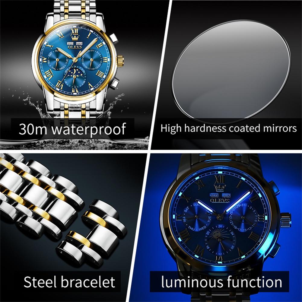 OLEVS Men's Watches Business Fashion Original Automatic Mechanical Wristwatch for Man Waterproof Moon Phase Calendar Trend Dress