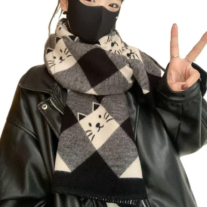 Women S Cute Cat Pattern Winter Warm Fashion Scarf For Couples