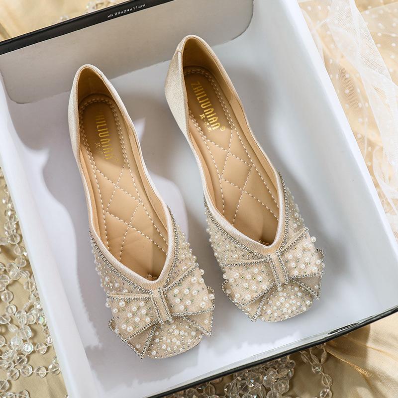 Square head flat sole shoes women's spring and autumn rhinestone bow soft sole beanie shoes large size women's shoes wedding shoes bridesmaid bride
