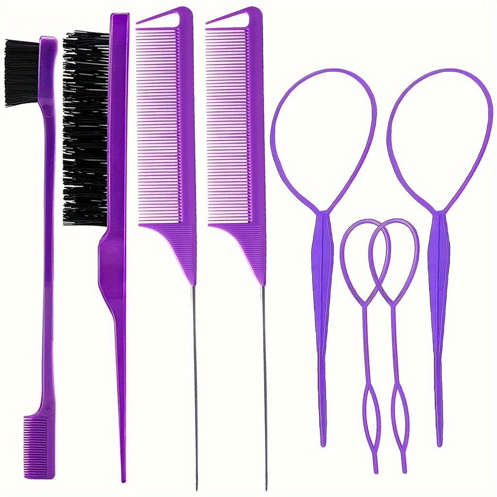 8 Pcs Hair Styling Brush and Comb Set with 4 Topsy Tail Tools, Bristle Teasing Brush, Edge Brush, 2 Metal Pin Rat Tail Combs
