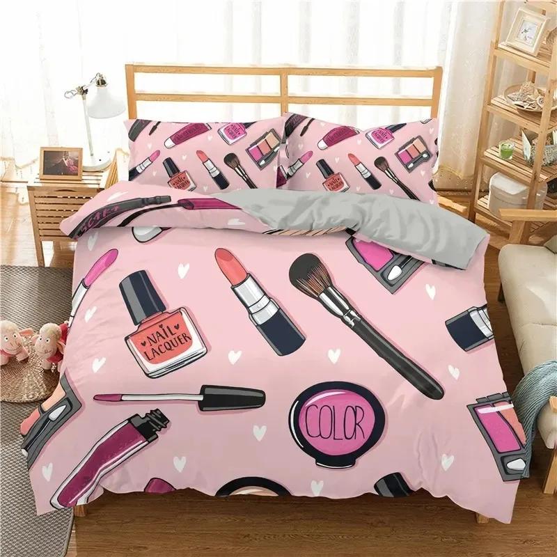 Fashion Bedding Set Makeup Cosmetic Theme Duvet Cover Polyester Perfume Lipstick Nail Polish Brush Print Quilt Cover King Size