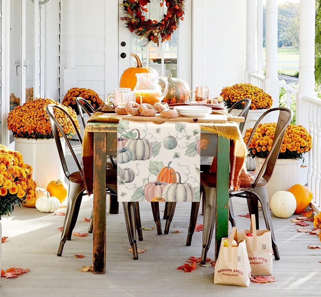 Fall Thanksgiving Pumpkin Linen Table Runner Tabletop Decor Autumn Harvest Kitchen Dining Table Runner Holiday Party Decor