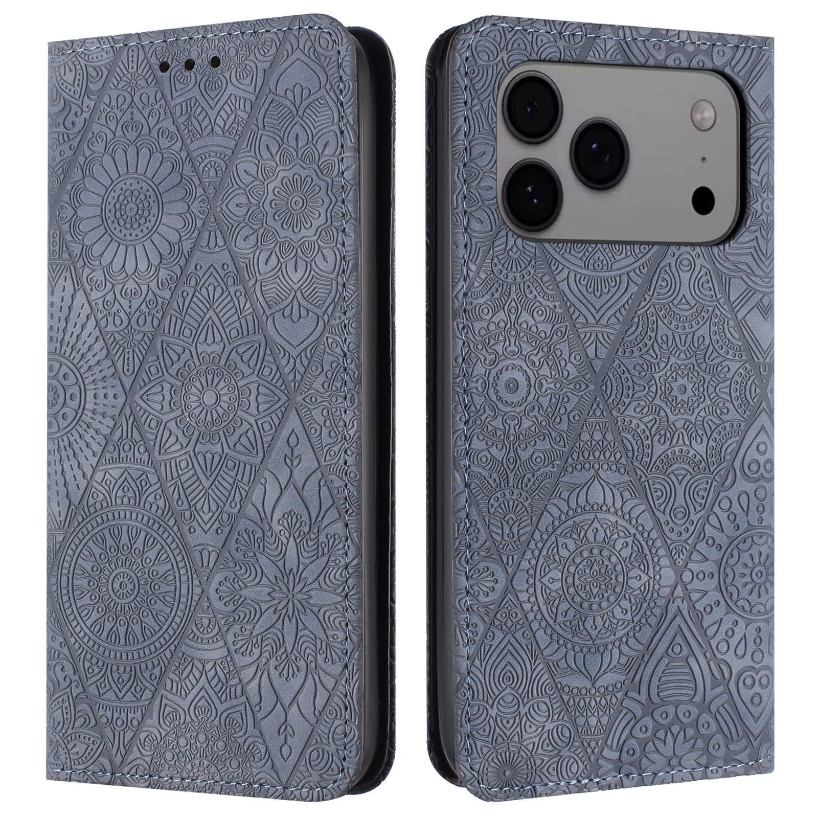 

For iPhone 17 Pro Case Imprinted Flower Wallet Stand Leather Phone Cover Grey