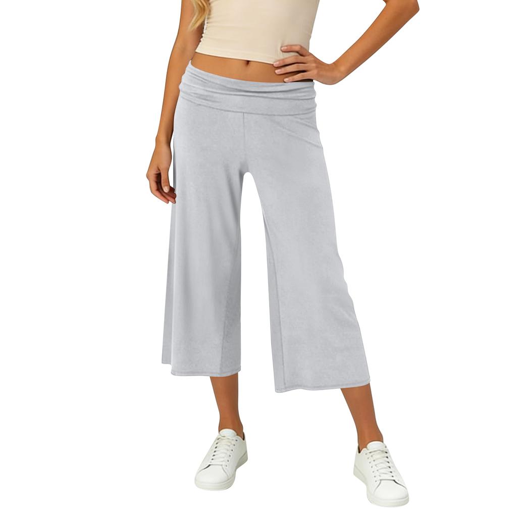 Women Elastic High Waist 3/4 Pant Casual Fit Wide Capris Leg Pants Trousers With Pockets