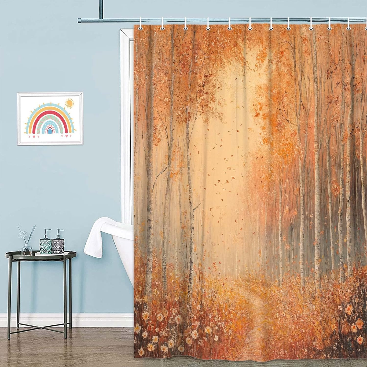 

Занавеска для душа «Зачарованный лес», Яркий сказочный лесной пейзаж, Джунгли с деревьями, птицами, цветами, растениями, Тканевые рождественские занавески для 200x180CM