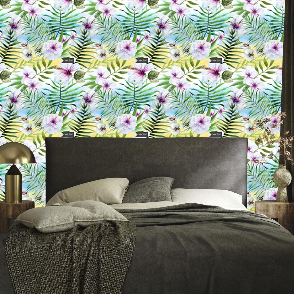 Hibiscus, orchid and palm leaves wallpaper for living room and bedroom 50x1000