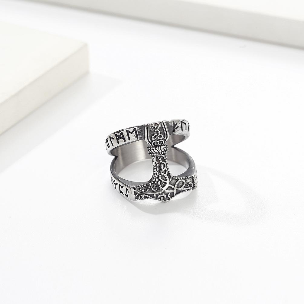 Retro Nordic Viking Text Thors Hammer Titanium Steel Ring for Men