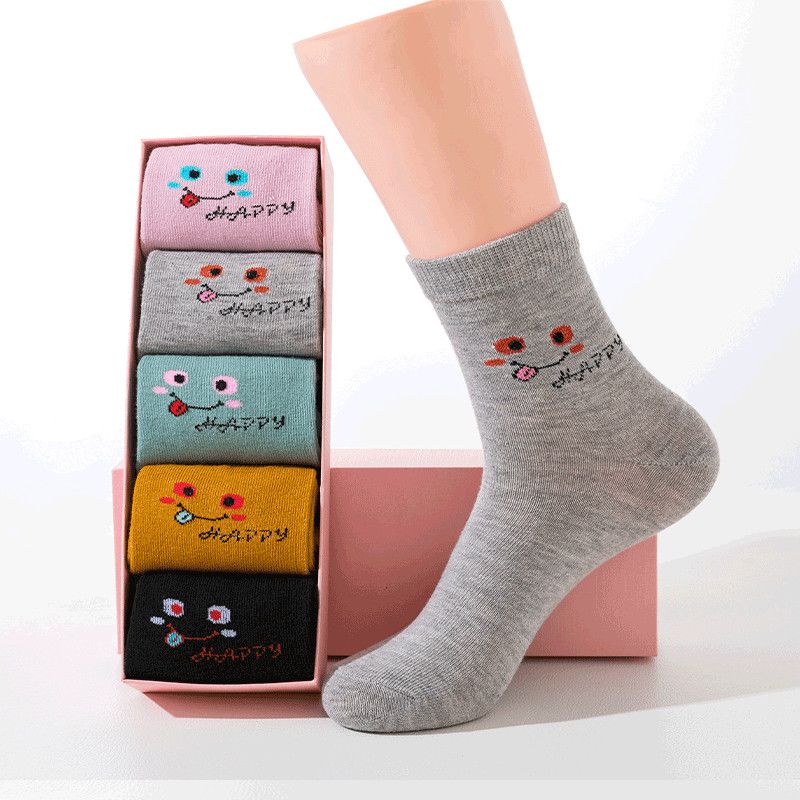 

Повседневные женские носки, носки с изображением животных из мультфильмов, носки с милым принтом, носки до щиколотки, забавные носки для девочек, дышащие носки средней длины 5 pairs розовый/серый