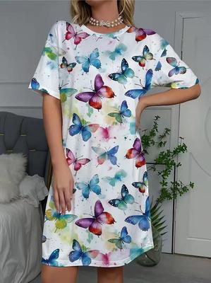 Women's Spring and Summer Fashionable Butterfly Print Short-Sleeved Round Neck Dress