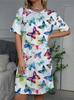 Women's Spring and Summer Fashionable Butterfly Print Short-Sleeved Round Neck Dress