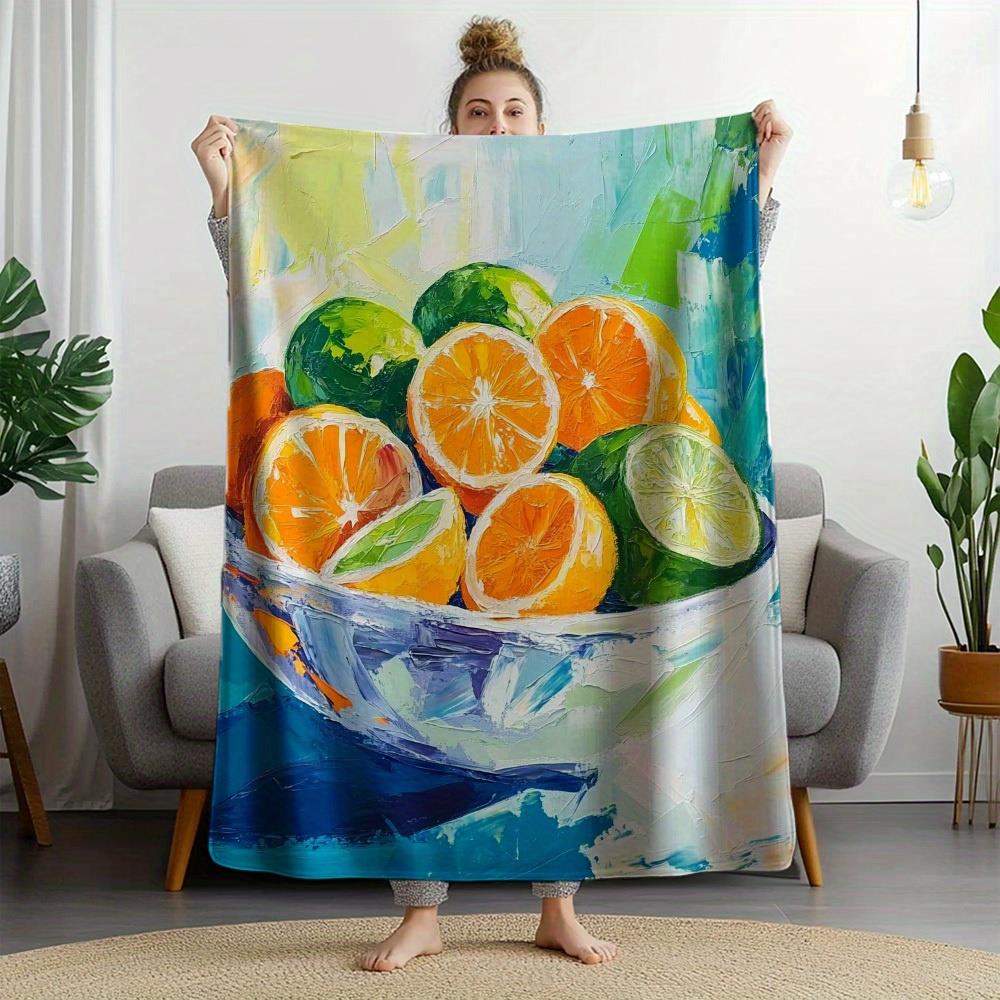

1pc Ultra-Soft Flannel 280gsm Citrus Fruit Print Throw Blanket & Shawl - Vibrant Orange Lemon Lime Grapefruit Design, All-Season 130x150cm