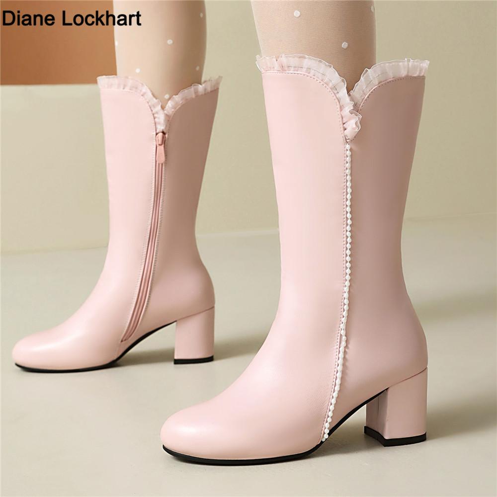 Fashion 2025 Spring Autumn Fashion Princess Lolita Wedding Party Shoes Mid Long Boots  White Pink Lace Zip Mid Long Mid Heels Boots Fema