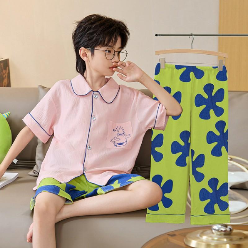 Boys Cotton Pajama Set Thin Sleepwear Cartoon Print Comfortable Home Wear Teens
