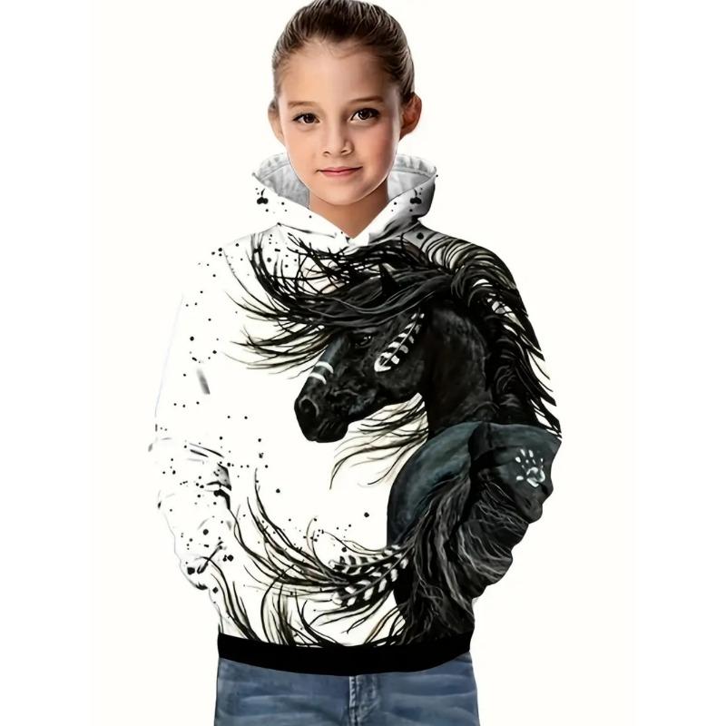 Vêtements Cool pour Filles Équestres Animaux Impression 3D Automne Sweats à Capuche Manches Longues Amples Légers Sweat Confortable Vêtements pour Enfants
