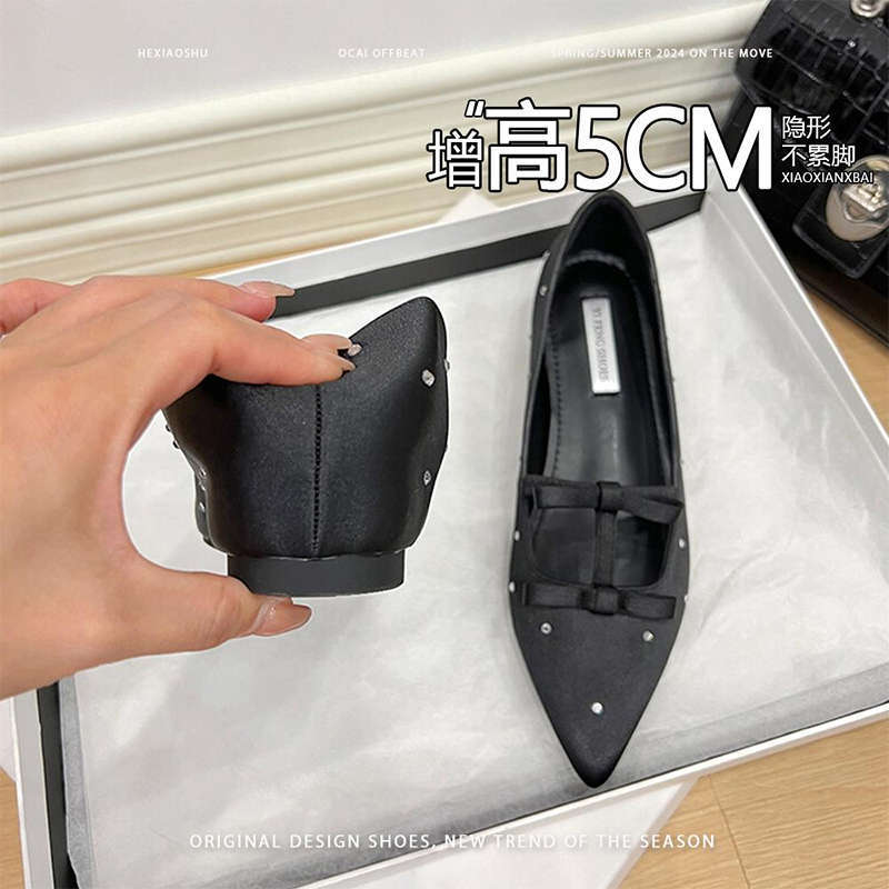 2025 Spring New French Small Inner Height Increase Single Shoes Women's Pointed Head Satin Bow Ballet Shoes Mary Jane Shoes