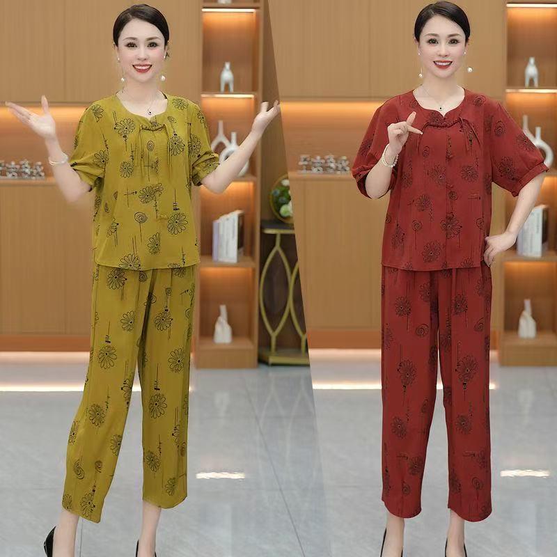 Trendy Plus Size Summer Two-Piece Set for Mid-aged & Elderly: Stylish Loose Short Sleeve Top & Pants