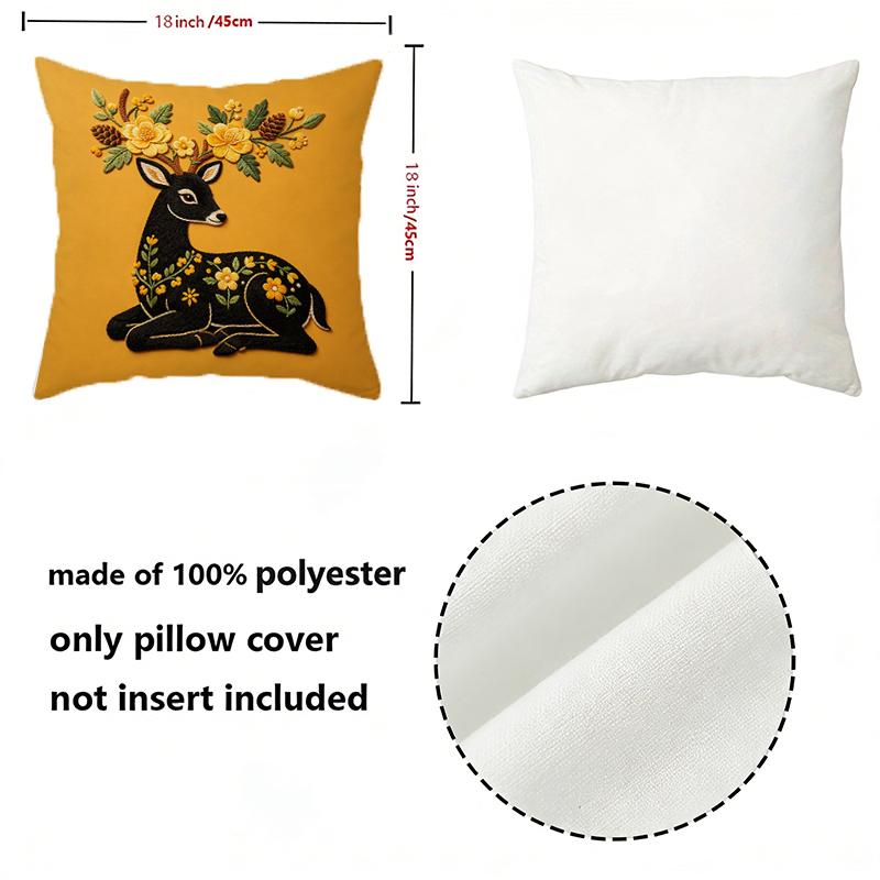 Embroidery Style Deer & Floral Throw Pillow Covers Pattern Cushion Cover Suitable For Sofa Bedroom Car Pillow Cover