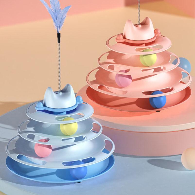 Interactive Cat Toy Tower Kitten Turntable Track Roller Balls Toys With Feather Pets Supplies Toy For Cat Tower