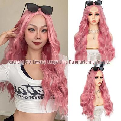 Pink Long Curly Water Wave Lace Wig with Middle Part