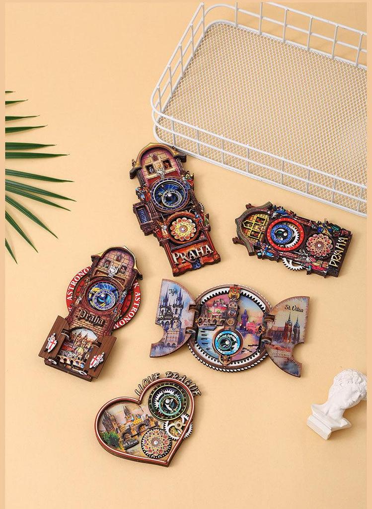 Prague Astronomical Clock 3D Wooden Magnet with Rotating Gears - Czech Travel Souvenir