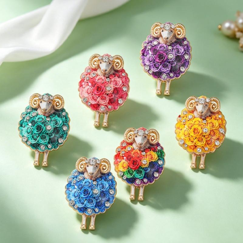 1Pcs Lovely Flower Sheep Brooches For Women Unisex 6-Color Rhinestone Year Of The Sheep Animal Party Office Brooch Pin Gift