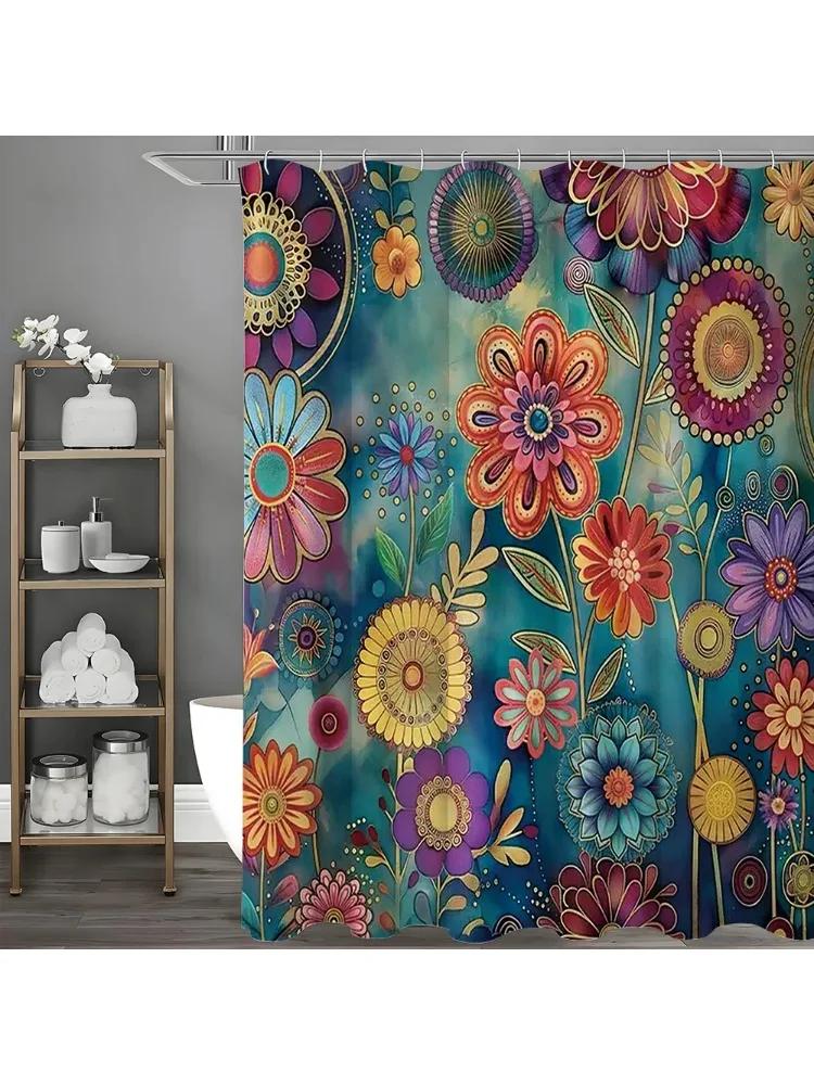 ~O~Vintage Bohemian Floral Shower Curtain, Bathroom Decorative Shower Curtain, Waterproof Shower Curtain with Hooks W90xH180cm
