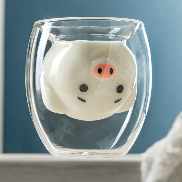 Doppelwandige Schweinetasse aus Glas für Kaffee und Tee, originelles Schweinchen