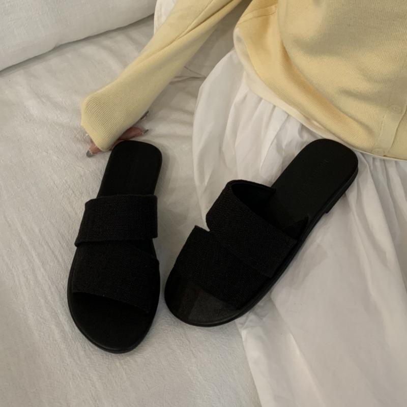 2025 new niche canvas open-toed lazy slippers wear one word broadband simple casual flat cool slippers women
