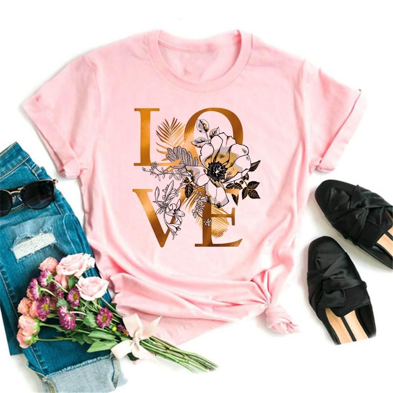 New Women T Shirt Gold Letter Love Print T Shirt Female Short Sleeve Tops Tee 90s Girls Black T-shirt Women Casual Tee Shirts