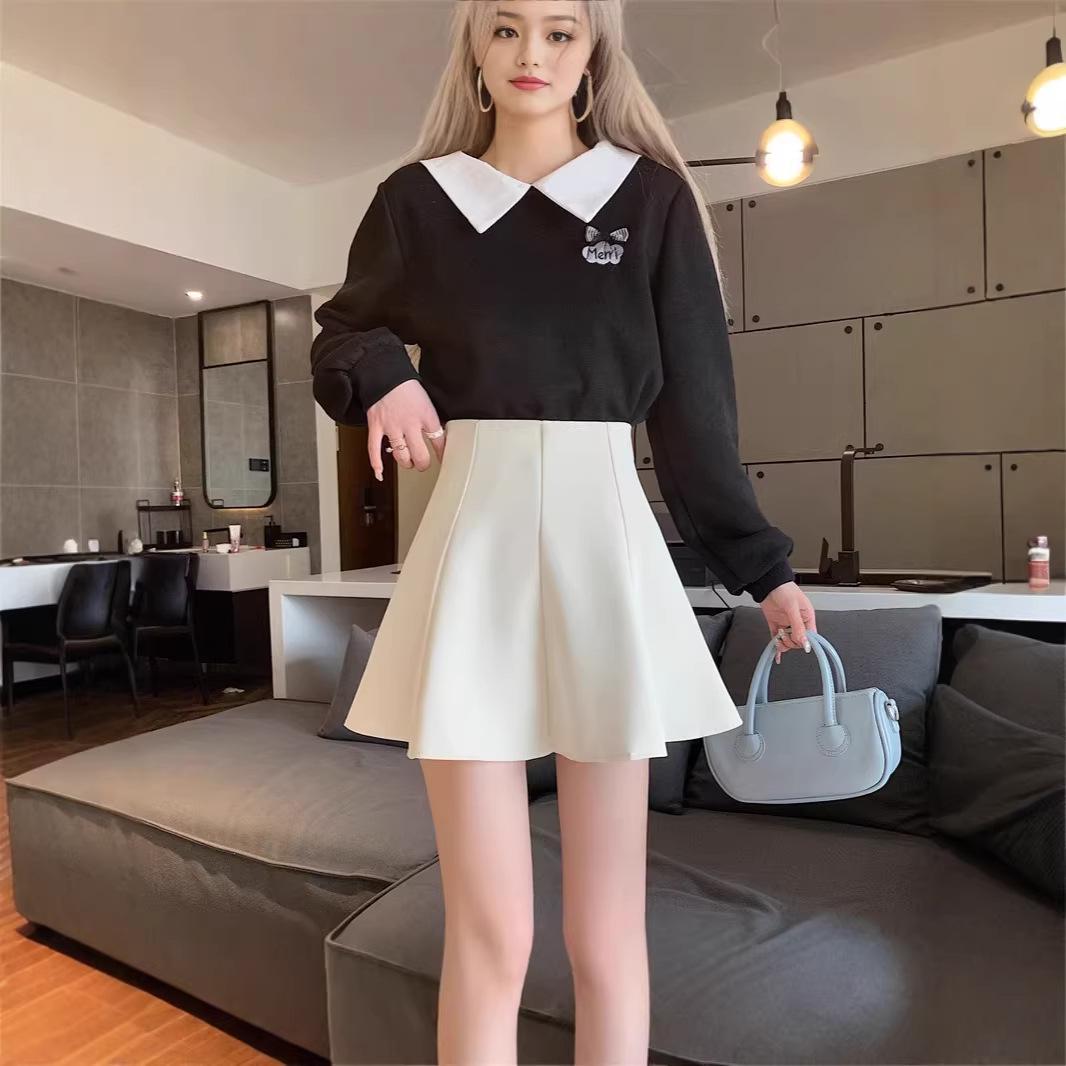 

Petite Black A-line Pleated Skirt: Sweet & Spicy, High-waisted Wide-leg Summer Skirt L