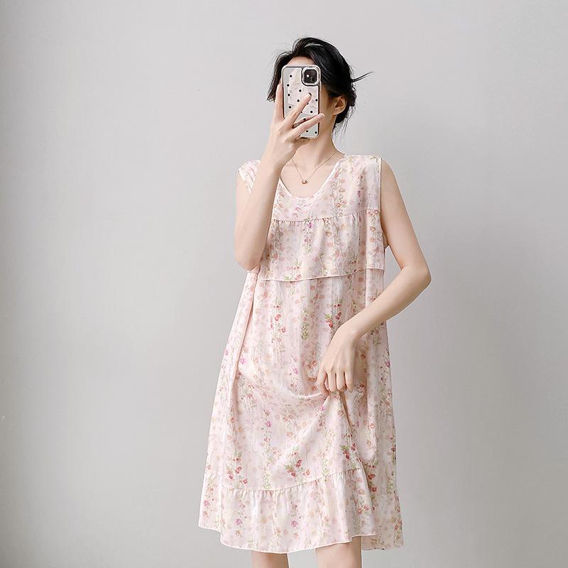 Ethnic vest women's nightgown summer thin cotton and silk loose artificial cotton loungewear casual suit thin skirt