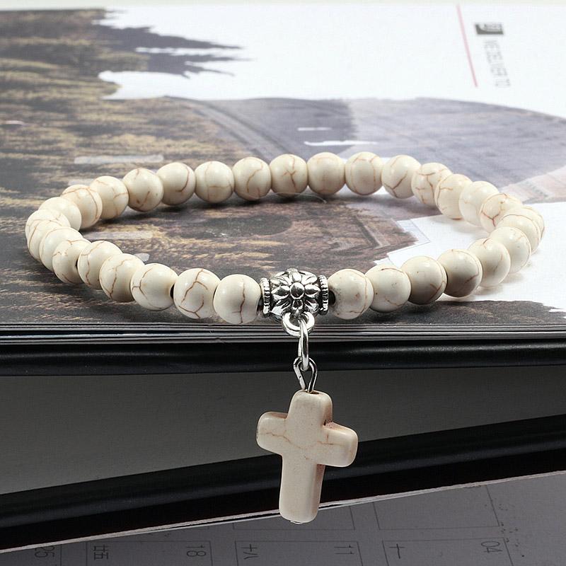 Vintage Cross Natural Stone 6mm Beads Bracelet Charm Men Blue Bead Pendant Strand Bracelets Bangles Women Fashion Jewelry Gifts