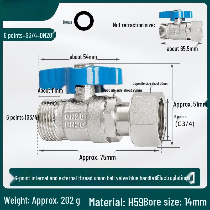 Jundingying Retractable 3/4" Brass Union Ball Valve with Blue Handle