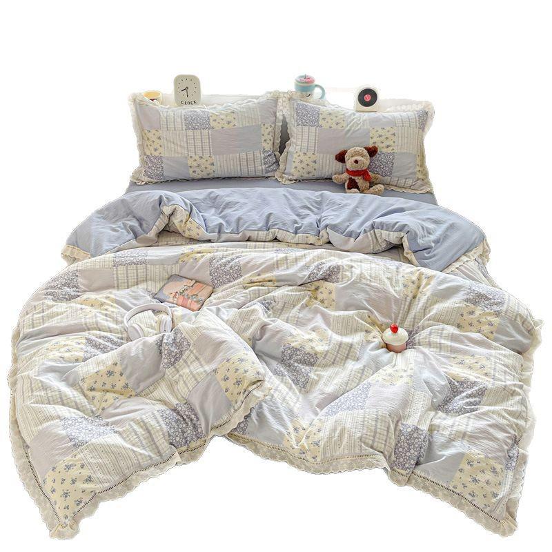 G5Z25 Cloud-Feel 4-Piece Double-Layer Gauze Lace Bedding Set - Washed Cotton Duvet Cover and Bed Sheet, Ins Style.