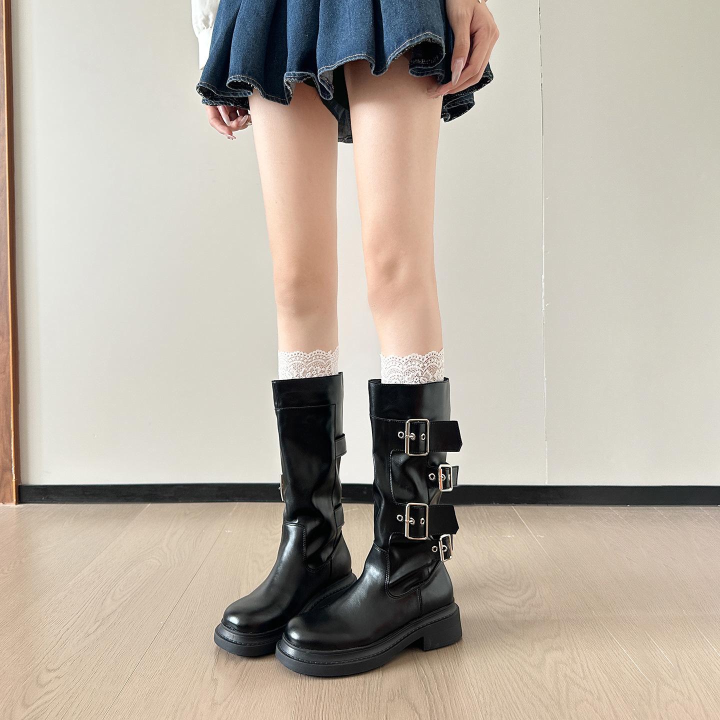 

Воловья кожа~ Пряжка ремня Мягкая кожа Крутые ботинки Женские Британские Универсальные Толстый каблук Высокие Мотоциклетные ботинки Высокие Рыцарские ботинки 40 чёрный