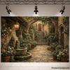 2D Mediterrane Gasse Wandteppich Steinischer Hof mit Brunnen, Treppe und Efeuranken Wandkunst