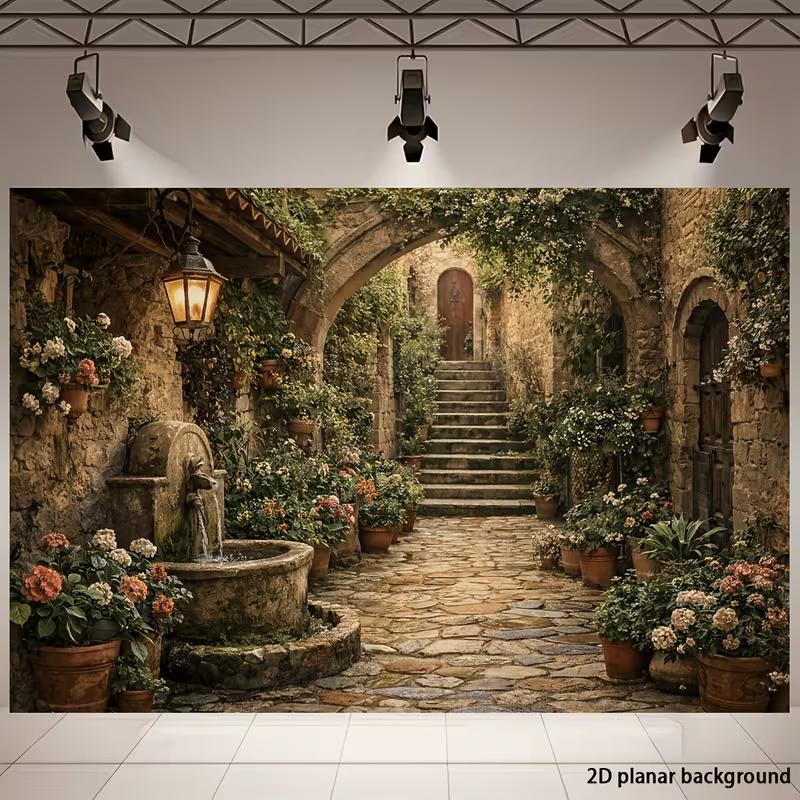 2D Mediterrane Gasse Wandteppich Steinischer Hof mit Brunnen, Treppe und Efeuranken Wandkunst