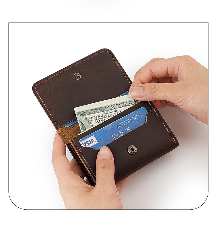 Men's Crazy Horse Leather Card Holder & Wallet - Genuine Dark Buckle, Multi-functional, Bi-fold, First Layer Cowhide