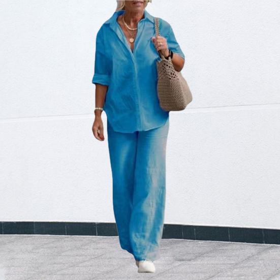 1 Set Women Summer Suit Turn-Down Collar Single-breasted Solid Color Shirt Trousers Two-piece Set Casual Wear Plus Size Cotton Linen Top Wide Leg