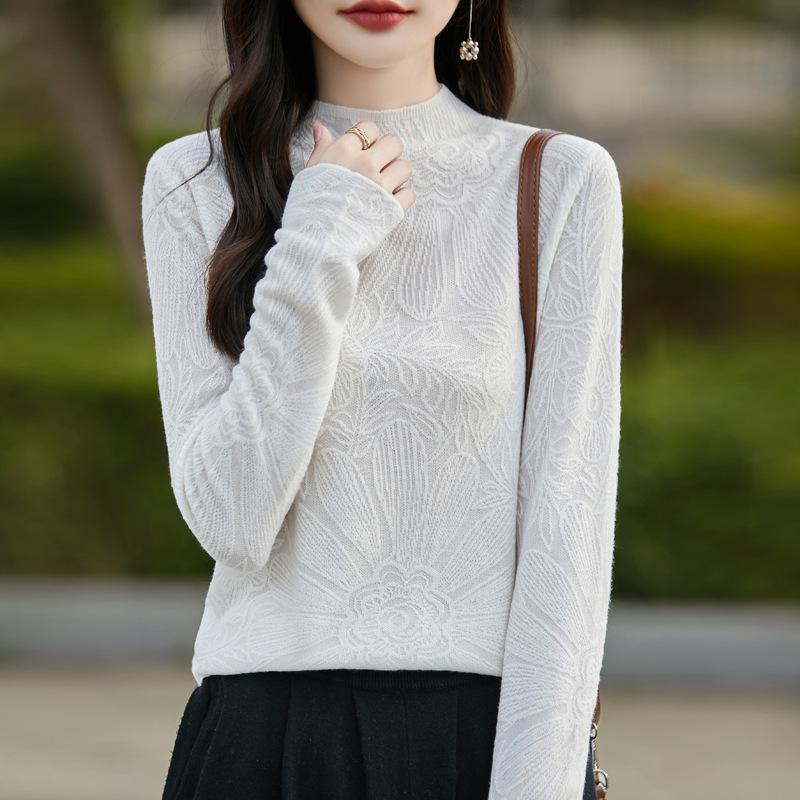 

Женский джемпер жаккардовой вязки с полувысоким воротником и облегающего кроя - Универсальный пуловер для весны и осени XXL for 140-155 lbs белый