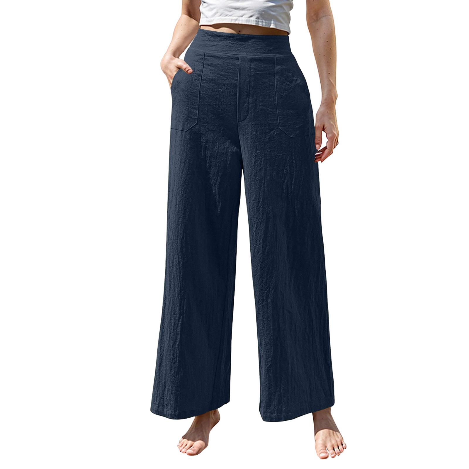 

Women s Casual Fashion Color Elastic Waistband Pocket Wide-Leg Straight-Leg Pants S Темно-синій