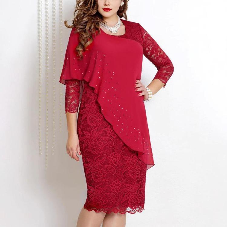 Elegant Solid Color Slim Dress with Lace Trim and Three Quarter Sleeves